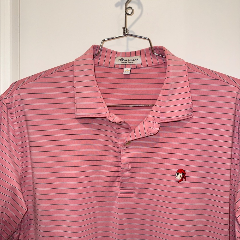 Peter Millar Summer Comfort Pink Striped Pirate Logo Golf Polo Shirt Mens Large